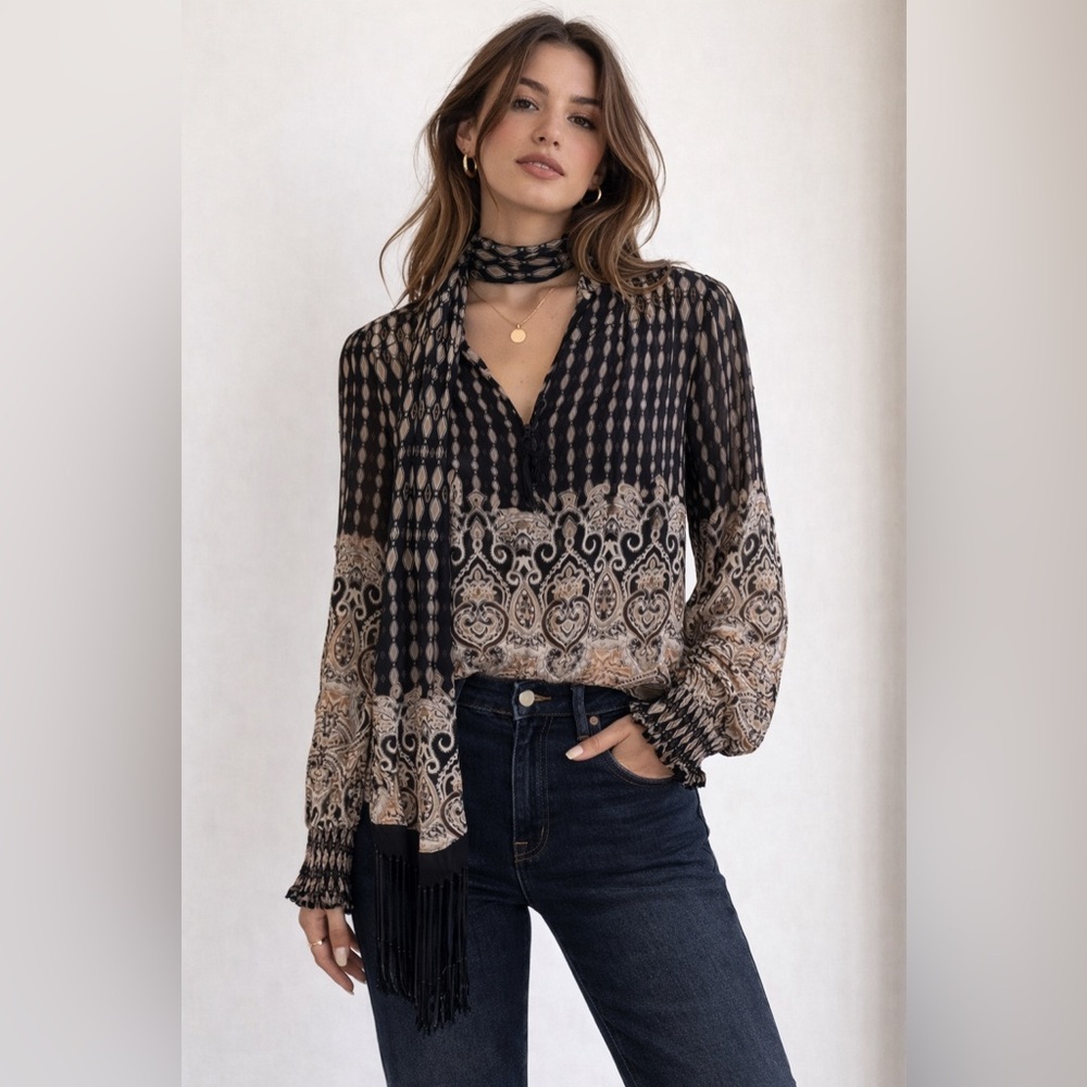 Guess Boho Sheer Printed Blouse NWOT | Black Beige Paisley Long Sleeve Top